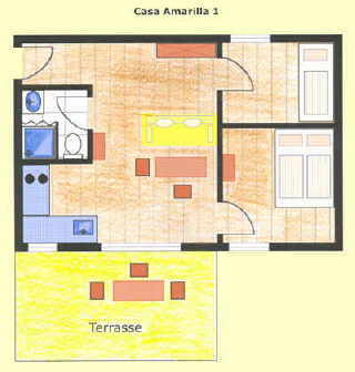 Grundriss der Ferienwohnung 1mit 2 Schlafzimmer im Ferienhaus Casa Amarilla La Palma West